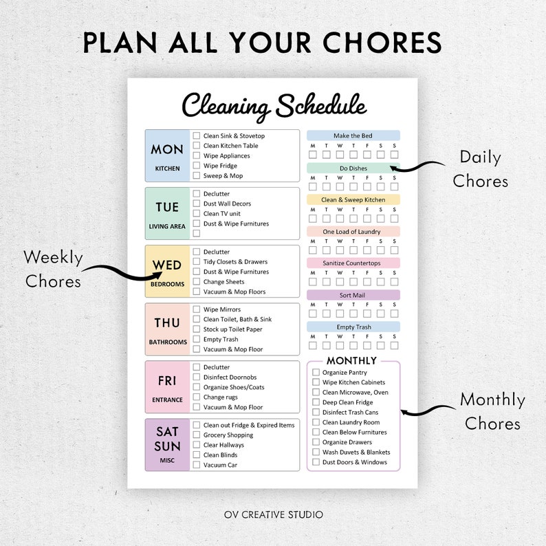 May include: A printable cleaning schedule checklist with a colorful design. The checklist includes daily, weekly, and monthly chores for different areas of the home, such as the kitchen, living area, bedrooms, bathrooms, and entrance. The checklist is organized by day of the week and includes a list of tasks for each day.
