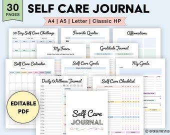 Self Care Planner Bundle Printable, Editable, Wellness Planner, Self Care Checklist, Challenge, Affirmations, Gratitude Journal PDF