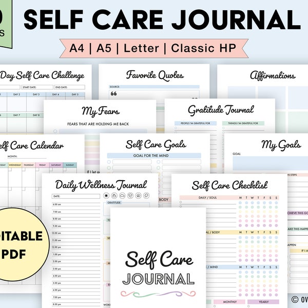 Self Care Planner Bundle Printable, Editable, Wellness Planner, Self Care Checklist, Challenge, Affirmations, Gratitude Journal PDF