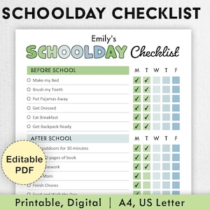 Editable Schoolday checklist for kids | Printable | Kids Chore Chart | Before School, After School, Before Bed | Kids Responsibility Chart