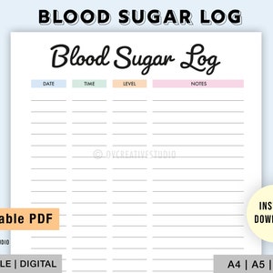 Editable Blood Sugar Log | Printable Blood Sugar Reading Tracker | Diabetes | Blood Glucose Tracker | A4, A5, Letter | Digital PDF