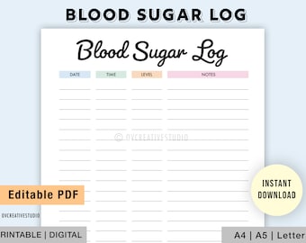 Editable Blood Sugar Log | Printable Blood Sugar Reading Tracker | Diabetes | Blood Glucose Tracker | A4, A5, Letter | Digital PDF