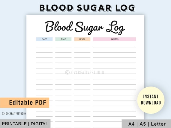 Editable Blood Sugar Log | Printable Blood Sugar Reading Tracker | Diabetes | Blood Glucose Tracker | A4, A5, Letter | Digital PDF