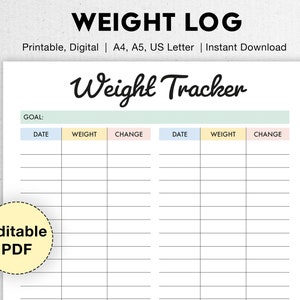 Weight Tracker | Printable, Editable | Weight Log | Weight Loss Chart | Weight Loss Tracker | Weight Loss Planner | Weight Tracker Log PDF