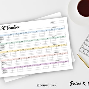 May include: A printable bill tracker with a colorful design. The tracker has sections for bill name, paid on, amount, due date, and a calendar grid for each month of the year. The text "Print & Write" is at the bottom of the page.