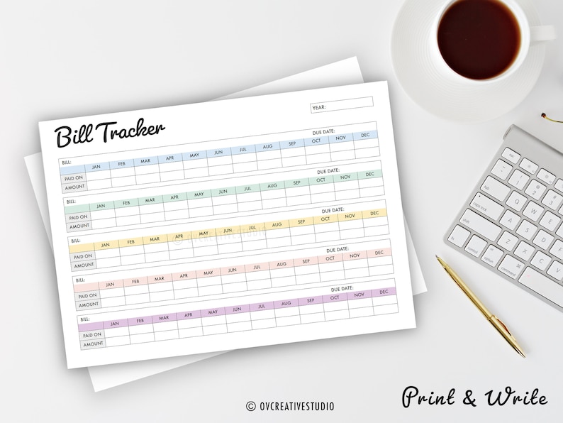 May include: A printable bill tracker with a colorful design. The tracker has sections for bill name, paid on, amount, due date, and a calendar grid for each month of the year. The text "Print & Write" is at the bottom of the page.