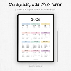 May include: A digital 2026 calendar displayed on a black tablet. The calendar is organized by month, with each month in a different pastel color. The text "Use digitally with iPad/Tablet" is at the top.