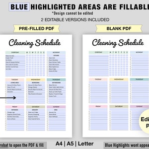 May include: A printable cleaning schedule with a pre-filled version and a blank version. The schedule is divided into daily, weekly, and monthly tasks. The blue highlighted areas are fillable. The text "Use Adobe Acrobat to open the PDF & fill" is at the bottom of the image.