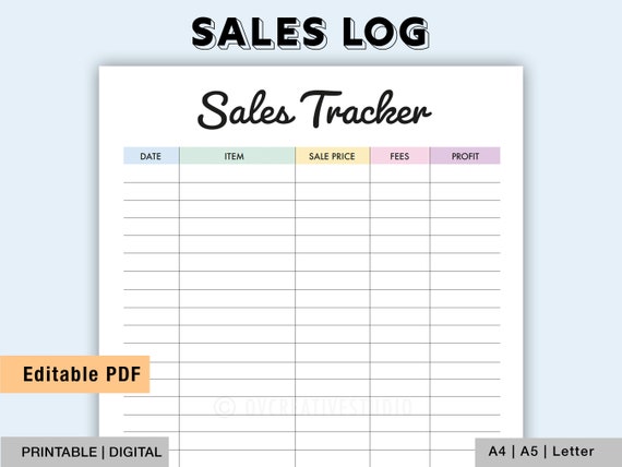 Editable Sales Tracker | Sales Log | Printable, Digital PDF | Sales Profit Tracker | Online Sales Tracking | Small Business Sales Page
