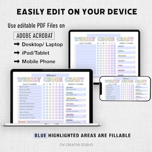 May include: A printable chore chart for kids with a colorful design. The chart includes daily and weekly chores with checkboxes for completion. The chart is editable and can be used on a computer, tablet, or phone.