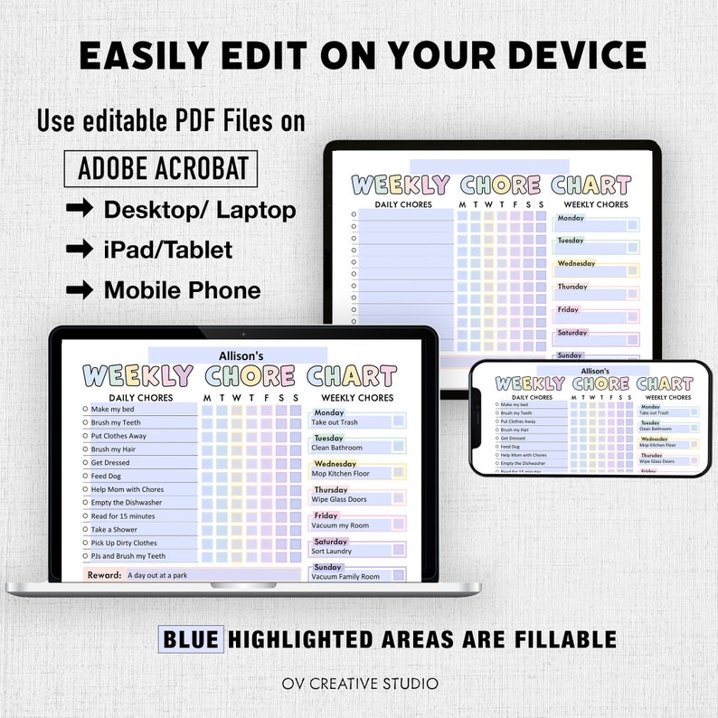 May include: A printable chore chart for kids with a colorful design. The chart includes daily and weekly chores with checkboxes for completion. The chart is editable and can be used on a computer, tablet, or phone.