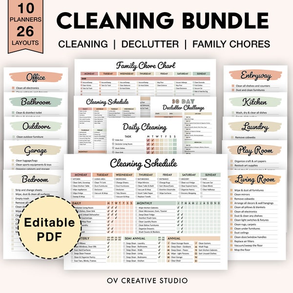 EDITABLE Cleaning Schedule Bundle, Printable, Weekly, Monthly, Yearly Cleaning Planner, Cleaning Checklist, Declutter, Family Chore Chart