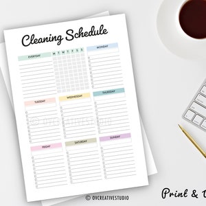 May include: A printable cleaning schedule with a checklist for each day of the week. The schedule includes sections for everyday tasks, Monday, Tuesday, Wednesday, Thursday, Friday, Saturday, and Sunday. The text "Cleaning Schedule" is written in a decorative font at the top of the page.