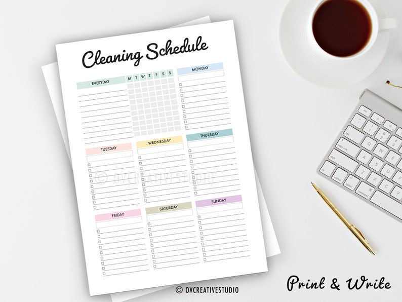May include: A printable cleaning schedule with a checklist for each day of the week. The schedule includes sections for everyday tasks, Monday, Tuesday, Wednesday, Thursday, Friday, Saturday, and Sunday. The text "Cleaning Schedule" is written in a decorative font at the top of the page.