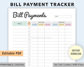 Editable Monthly Bill Tracker | Yearly Bill Planner | Monthly Bill Log | Bill Payment Checklist | Bill Payment Tracker | Printable | Digital