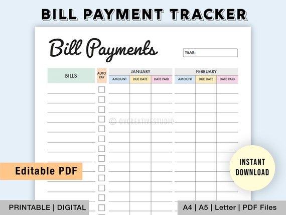 Editable Monthly Bill Tracker  Yearly Bill Planner  Monthly