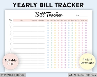 Op de afbeelding: Een printbare jaarlijkse factuurtracker met een kleurrijk stippenraster om vervaldagen te markeren. De tracker bevat secties voor facturen, bedrag, vervaldatum en elke maand van het jaar. De tekst "Bewerkbaar PDF" en "Direct downloaden" is opgenomen in de afbeelding.