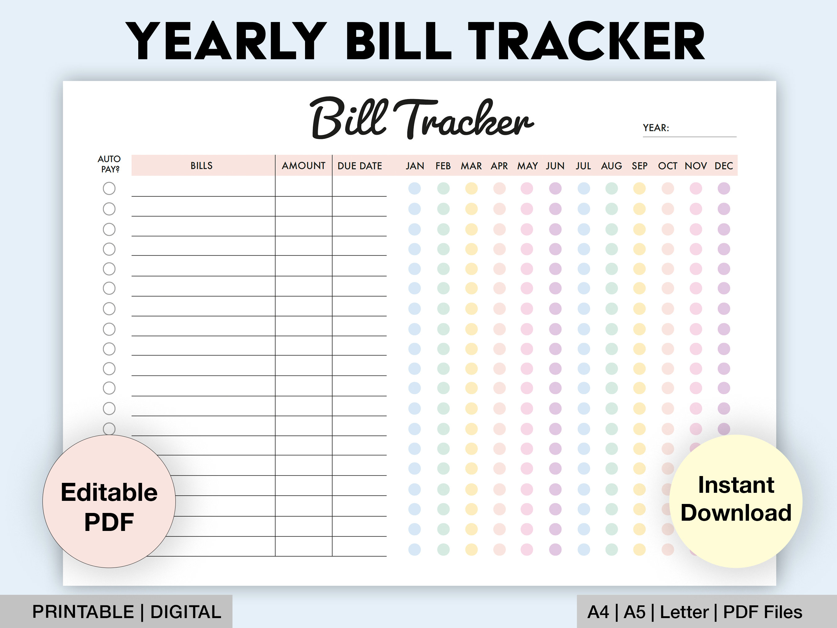 Editable Bill Tracker | Printable Yearly Bill Tracker | Monthly Bill ...