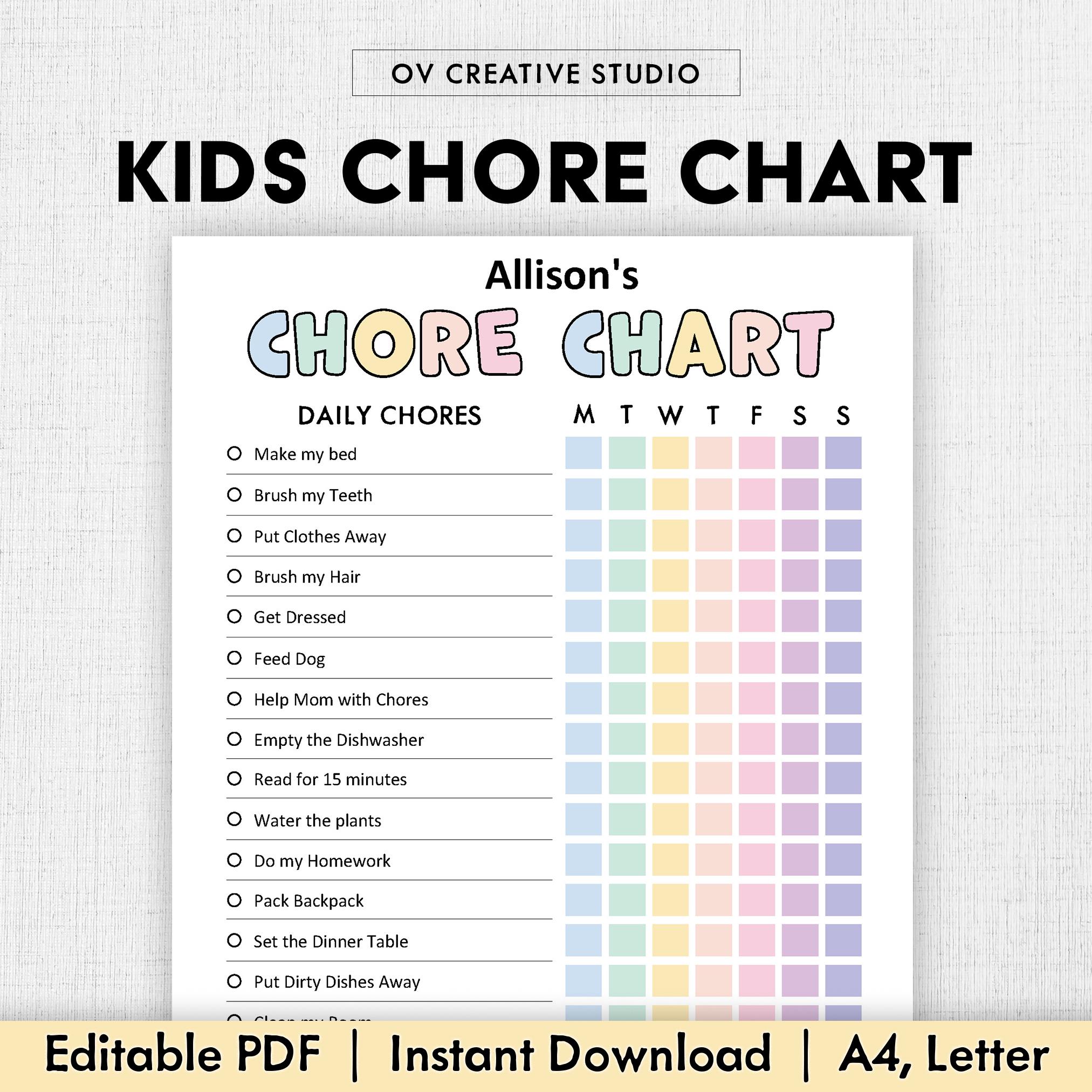 Editable Chore Chart for Kids | Printable | Kids Daily Weekly ...