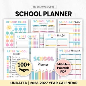 May include: A digital school planner set featuring multiple pages including a reward chart, chore chart, study task list, and weekly homework tracker. The pages use pastel colours and include text like School Planner, 100+ Pages, and Editable + Printable PDF.