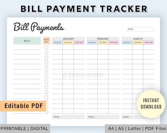 Editable Monthly Bill Tracker | Bill Planner | Monthly Bill Log | Bill Payment Checklist | Bill Payment Tracker | Printable | Digital