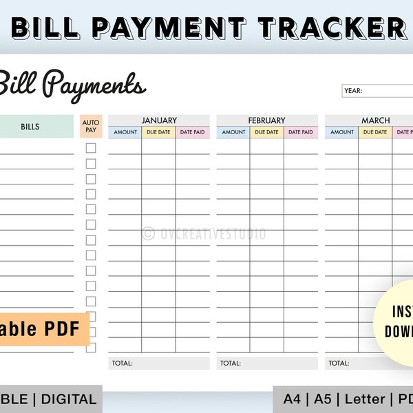 Editable Monthly Bill Tracker | Bill Planner | Monthly Bill Log | Bill Payment Checklist | Bill Payment Tracker | Printable | Digital