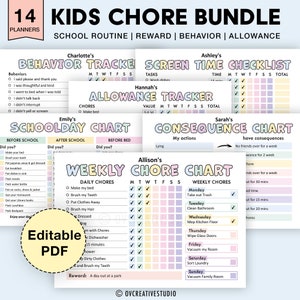 May include: A printable chore chart bundle for kids. The charts are colorfully designed with pink, yellow, and blue backgrounds. The charts include sections for daily and weekly chores, screen time, behavior tracking, and allowance tracking. The charts are customizable with names and rewards.