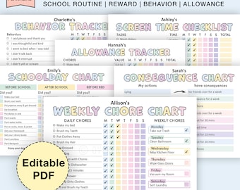 May include: A printable chore chart bundle for kids. The charts are colorfully designed with pink, yellow, and blue backgrounds. The charts include sections for daily and weekly chores, screen time, behavior tracking, and allowance tracking. The charts are customizable with names and rewards.