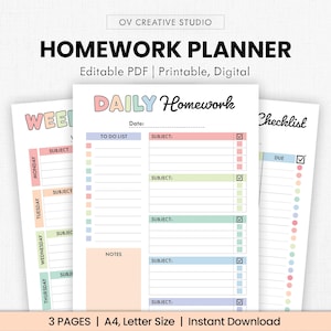 May include: A set of printable homework planners with a colorful design. The main planner features a "Daily Homework" layout with sections for subjects and to-do lists. The other pages include a weekly planner and a checklist. The text "Editable PDF | Printable, Digital" is also visible.