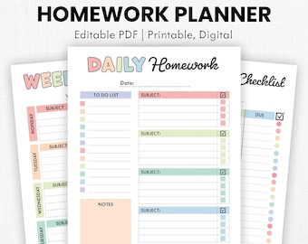 Editable Homework Planner | Printable, Digital | Student Planner | Assignment Checklist, Study Planner | School Tracker Template | PDF