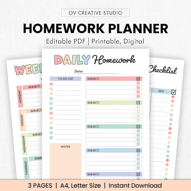 May include: A set of printable homework planners with a colorful design. The main planner features a "Daily Homework" layout with sections for subjects and to-do lists. The other pages include a weekly planner and a checklist. The text "Editable PDF | Printable, Digital" is also visible.