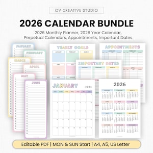 Könnte beinhalten: Ein 2026 Kalender-Bundle mit verschiedenen Planerseiten. Enthält Monats-, Jahres-, ewige Kalender, Termine und wichtige Datenseiten. Die Seiten haben Pastellfarbakzente und den Text "2026 Calendar Bundle". Der Text "Editable PDF | MON & SUN Start | A4, A5, US Letter" ist ebenfalls sichtbar.