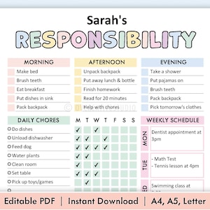 Editable Responsibility Chore Chart for Kids | Printable | Kids Daily Weekly Schedule | Kids Chore List | Kids Daily Routine Checklist | PDF