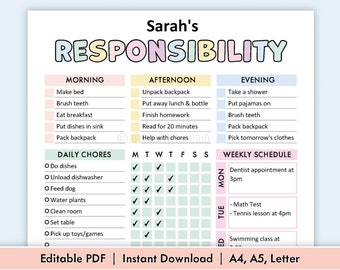 Editable Responsibility Chore Chart for Kids | Printable | Kids Daily Weekly Schedule | Kids Chore List | Kids Daily Routine Checklist | PDF