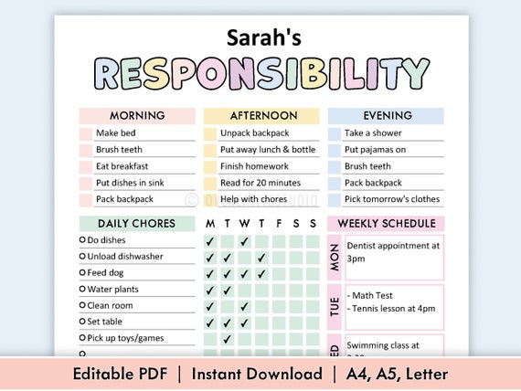 Editable Responsibility Chore Chart for Kids | Printable | Kids Daily Weekly Schedule | Kids Chore List | Kids Daily Routine Checklist | PDF
