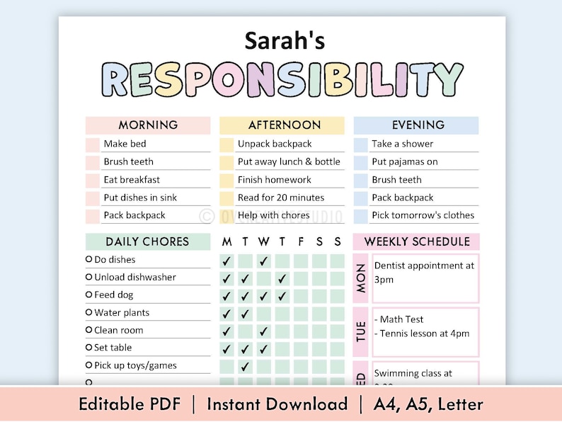 May include: A printable checklist for children to help them stay organised and responsible. The checklist includes sections for morning, afternoon, and evening, as well as daily chores and a weekly schedule. The checklist is designed to help children develop good habits and learn to manage their time.