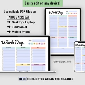 Puede incluir: Una plantilla de agenda digital para un d&iacute;a de trabajo, que se muestra en una computadora port&aacute;til, una tableta y un tel&eacute;fono. La plantilla tiene secciones para listas de tareas, proyectos, fechas de vencimiento, llamadas, reuniones y notas. La plantilla es personalizable y se puede editar en cualquier dispositivo usando Adobe Acrobat.