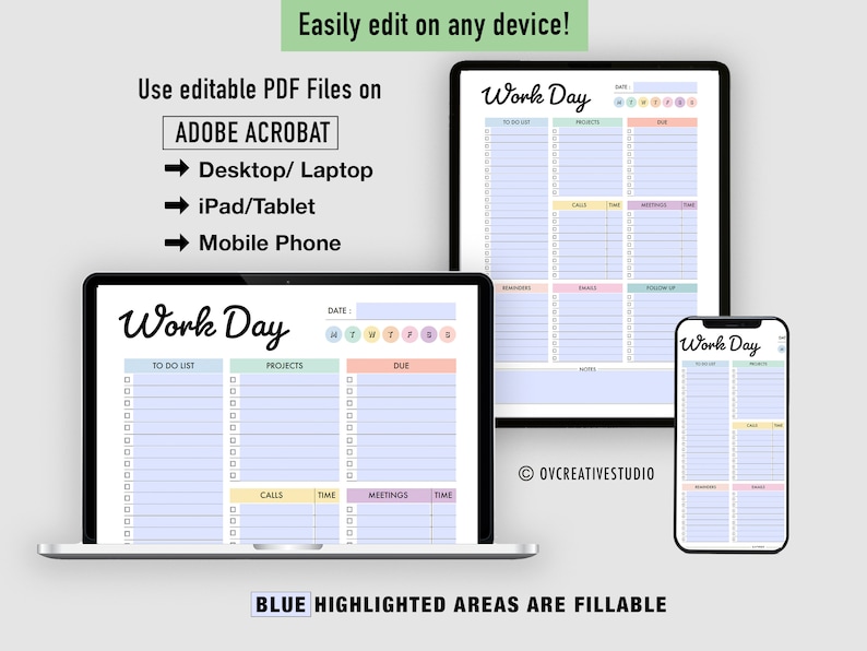 Puede incluir: Una plantilla de agenda digital para un d&iacute;a de trabajo, que se muestra en una computadora port&aacute;til, una tableta y un tel&eacute;fono. La plantilla tiene secciones para listas de tareas, proyectos, fechas de vencimiento, llamadas, reuniones y notas. La plantilla es personalizable y se puede editar en cualquier dispositivo usando Adobe Acrobat.