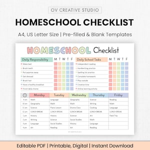 Editable Homeschool Checklist | Printable, Digital | Homeschool Planner, Daily Schedule for Kids, Schoolday Routine, Student Template | PDF