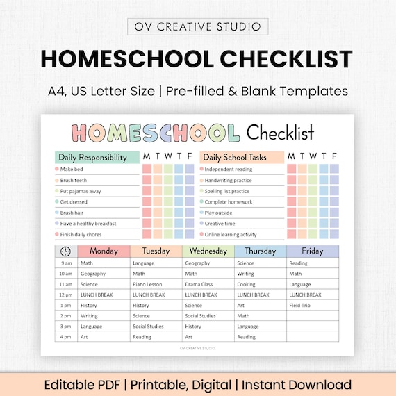 Editable Homeschool Checklist | Printable, Digital | Homeschool Planner, Daily Schedule for Kids, Schoolday Routine, Student Template | PDF