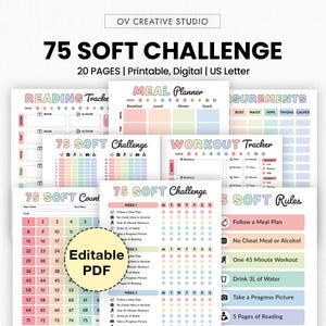 Op de afbeelding: Een verzameling afdrukbare digitale pagina's voor een 75 Soft Challenge, inclusief trackers voor lezen, maaltijden, workouts en metingen. De pagina's zijn ontworpen met een kleurrijk pastelthema en bevatten de tekst "75 SOFT CHALLENGE" en "Editable PDF".