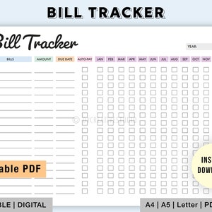 Editable Bill Tracker | Yearly Bill Tracker | Monthly Bill Tracker | Printable Bill Tracker PDF | Bill Payment Log, Subscription Payment