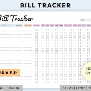 Bearbeitbarer Bill Tracker | Jahres-Bill Tracker | Monatlicher Bill Tracker | Ausdruckbarer Bill Tracker PDF | Bill Payment Log, Abo Zahlung