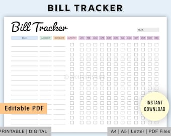 Editable Bill Tracker | Yearly Bill Tracker | Monthly Bill Tracker | Printable Bill Tracker PDF | Bill Payment Log, Subscription Payment