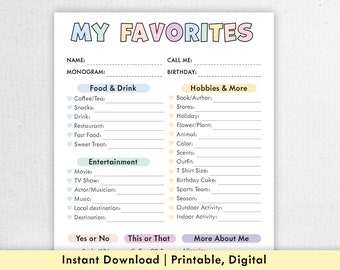 May include: A printable, digital worksheet titled "My Favorites" with sections for food and drink, hobbies, entertainment, and more about me. The worksheet has a colorful design with pastel colors and hearts.