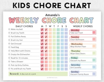 May include: A printable chore chart for kids with a pastel rainbow color scheme. The chart includes daily chores like making the bed, brushing teeth, and putting clothes away. It also includes weekly chores like taking out the trash, cleaning the bathroom, and vacuuming the room. The chart is titled "Amanda's Weekly Chore Chart" and includes a reward of "A day out at a park".