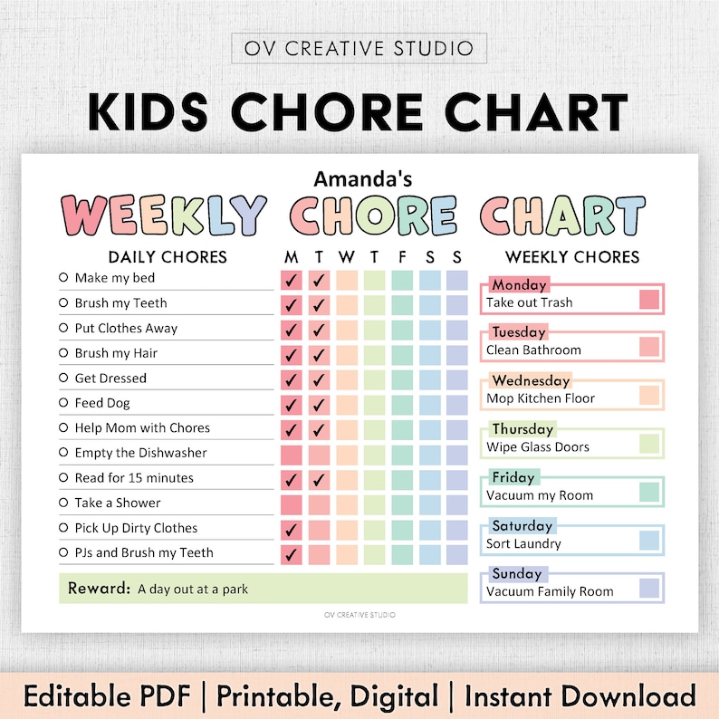 May include: A printable chore chart for kids with a pastel rainbow color scheme. The chart includes daily chores like making the bed, brushing teeth, and putting clothes away. It also includes weekly chores like taking out the trash, cleaning the bathroom, and vacuuming the room. The chart is titled "Amanda's Weekly Chore Chart" and includes a reward of "A day out at a park".