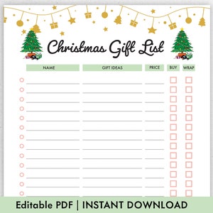 Christmas Gift List Printable | Fillable | Editable PDF | Christmas Planner Printable | Christmas To Do List Template | Holiday Gift List