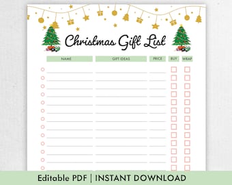 Könnte beinhalten: Druckbare Weihnachtsgeschenkliste mit einem festlichen Design mit zwei Weihnachtsbäumen mit Geschenken darunter. Die Liste enthält Spalten für Name, Geschenkideen, Preis, Kaufen und Einpacken.
