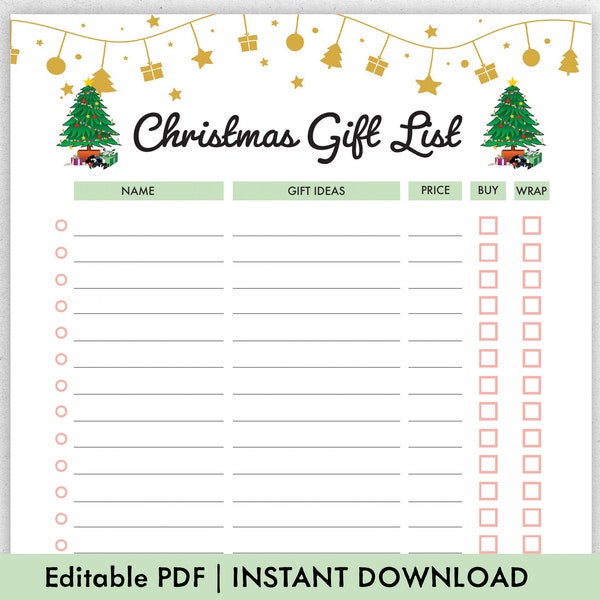 Weihnachtsgeschenkliste Printable | Befüllbar | Bearbeitbare PDF | Weihnachtsplaner Printable | Weihnachten To Do List Template | Weihnachtsgeschenkliste